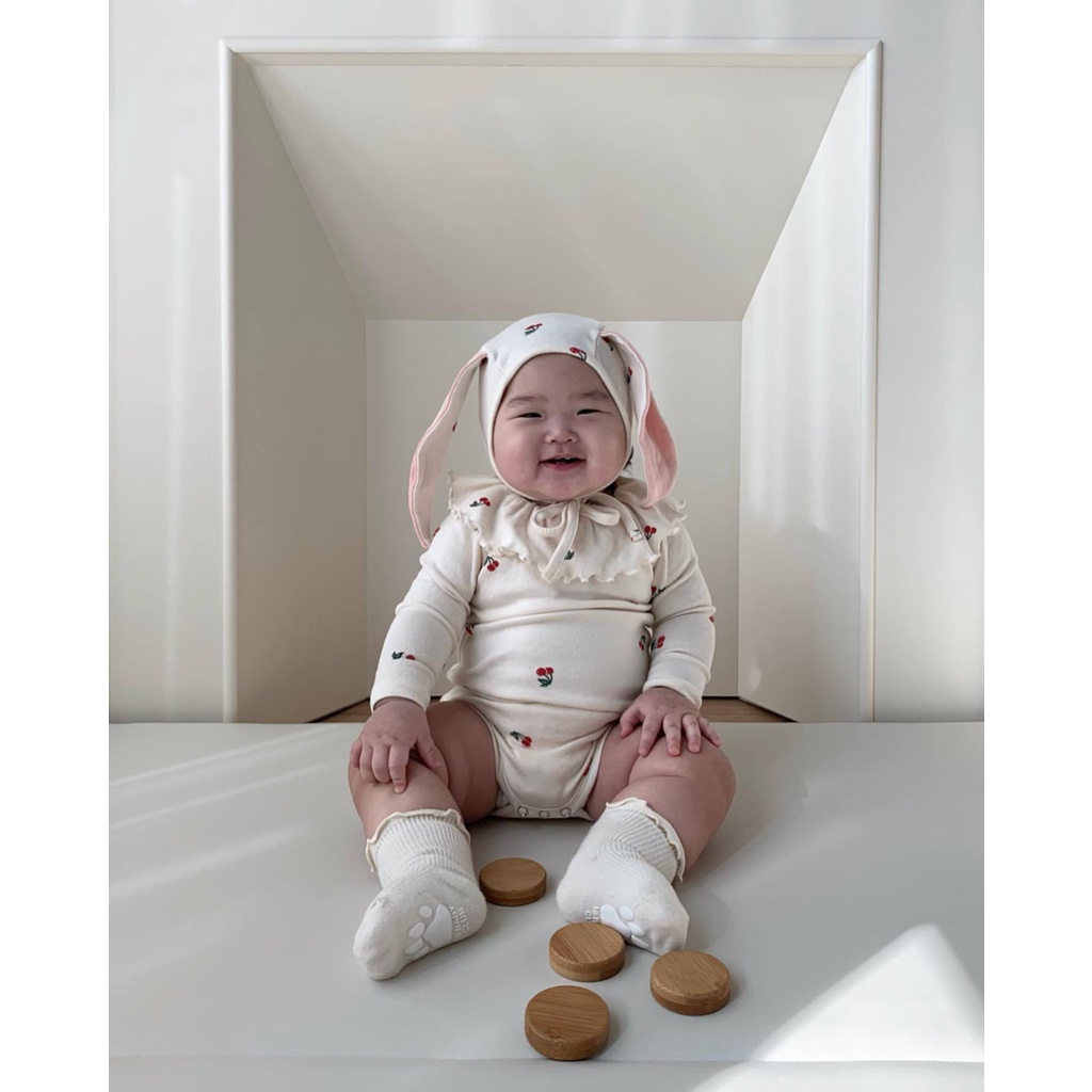 Bộ Áo Liền Quần Tay Ngắn In Hình Thỏ + 1 Nón Cho Bé Gái Sơ Sinh