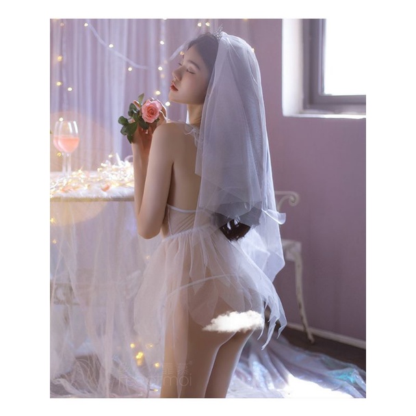 [ĐỌC LƯU Ý] Cosplay cô dâu hở ngực sexy - set đồ ngủ hóa trang gợi cảm xuyên thấu tân nương
