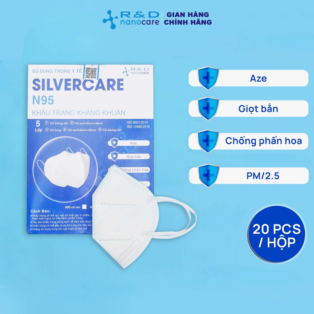 [ Hộp - 20 cái ] Khẩu trang n95 5 lớp kháng khuẩn SILVERCARE - Hàng chính hãng Nanocare R&amp;D
