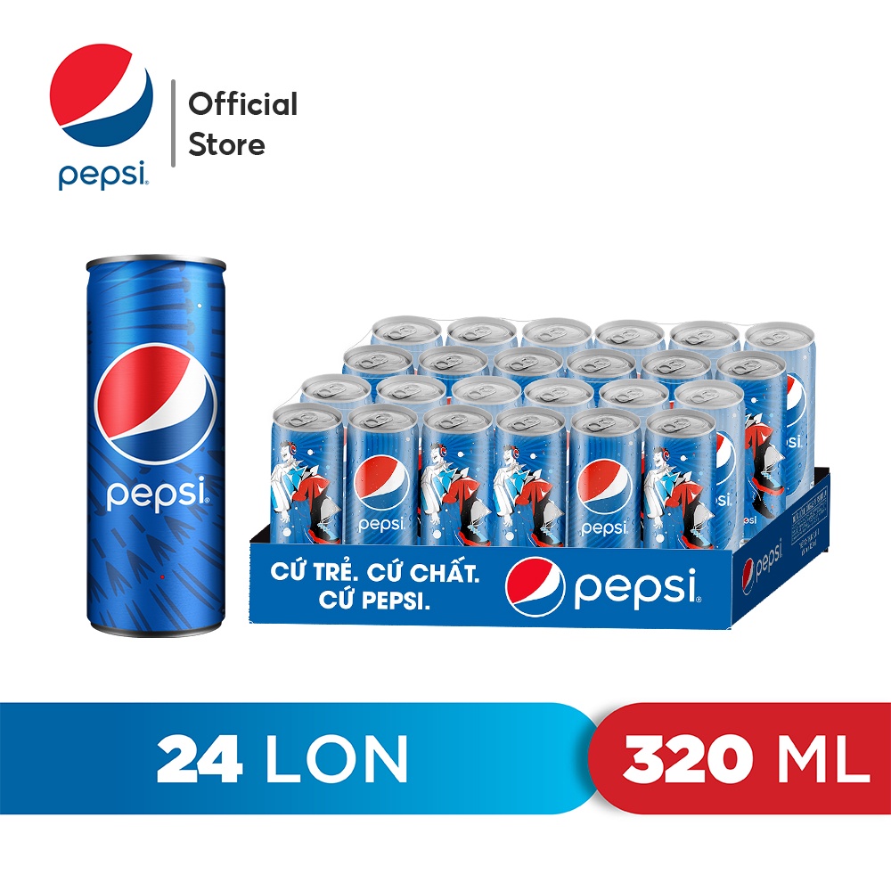 Thùng 24 Lon Nước Ngọt Có Gaz Pepsi 320ml lon