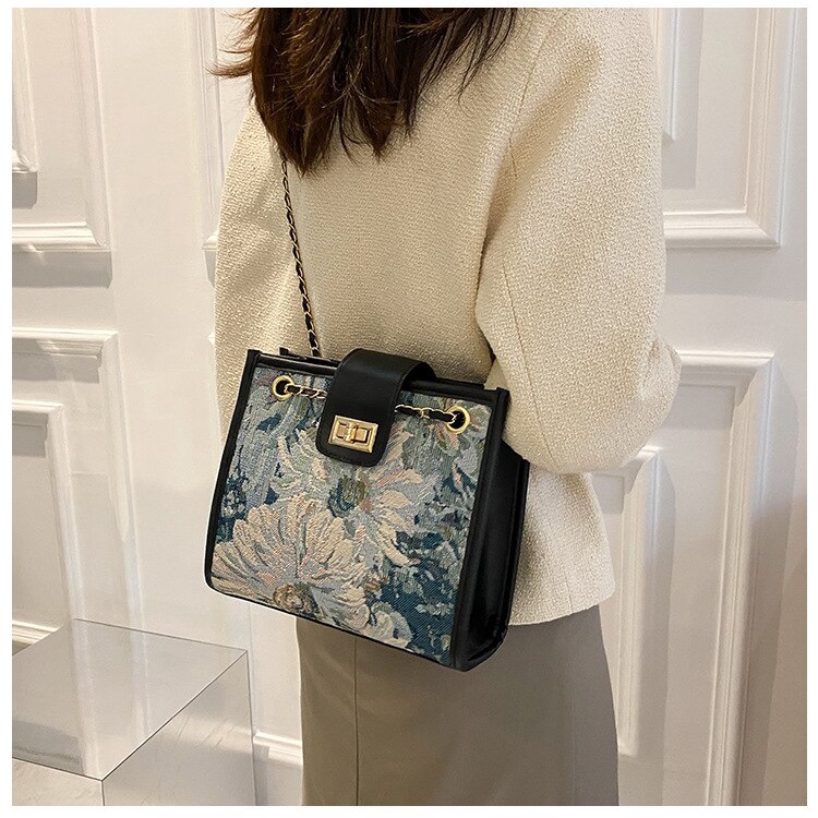 Túi đeo vai JASMIN NOIR vải canvas họa tiết hoa thiết kế vuông lớn hợp thời trang cho nữ
