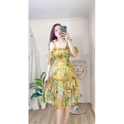 Váy voan tơ hoa dây vai buộc nơ tay đính nách ngực nhúm tiểu thư.