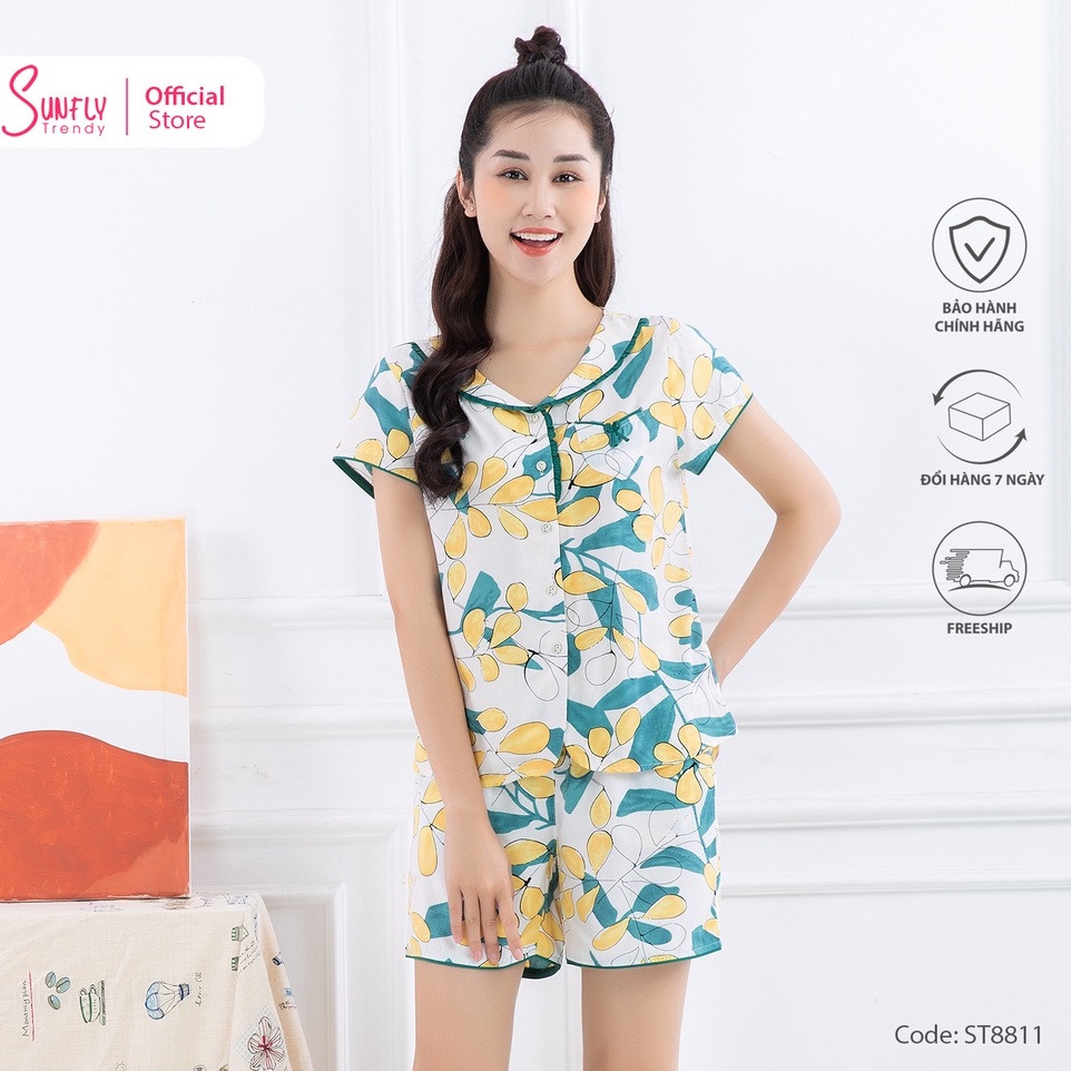 Bộ đồ mặc nhà nữ pijamas lanh SUNFLY áo cộc, quần sooc ST8811