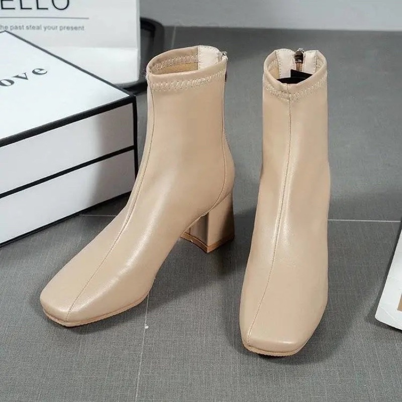 Boot nữ cổ cao da mềm khóa sau cao cấp, bốt nữ cao gót da lì lót nỉ đế 6 phân | BigBuy360 - bigbuy360.vn