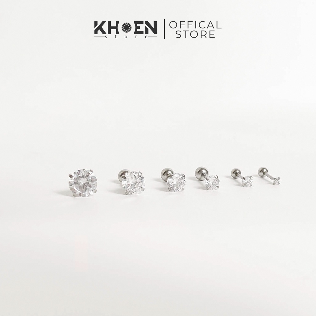 Khuyên tai đá tròn đầu bi  - Thép không gỉ - Khoen store