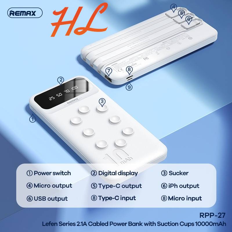 Pin Dự Phòng Remax 10000mAh RPP-27 (Kèm Cáp Sạc 3 Đầu, Tích Hợp Cao Su Giữ Điện Thoại) - BH 12T - Hunglongpc