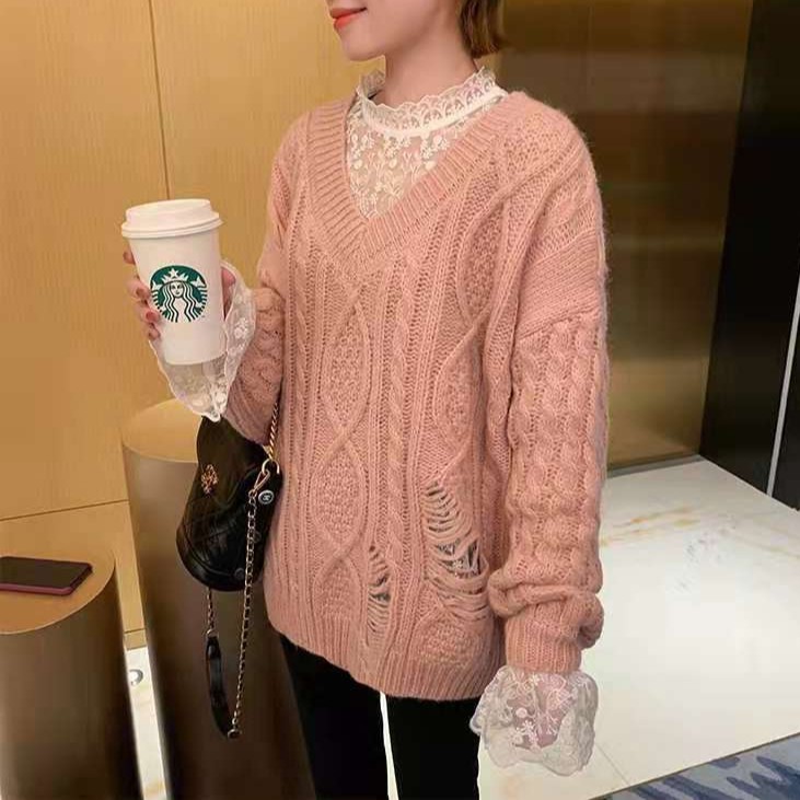 Xiaozhainv Áo kiểu tay dài cổ lọ phối ren hoa thời trang cho nữ | BigBuy360 - bigbuy360.vn