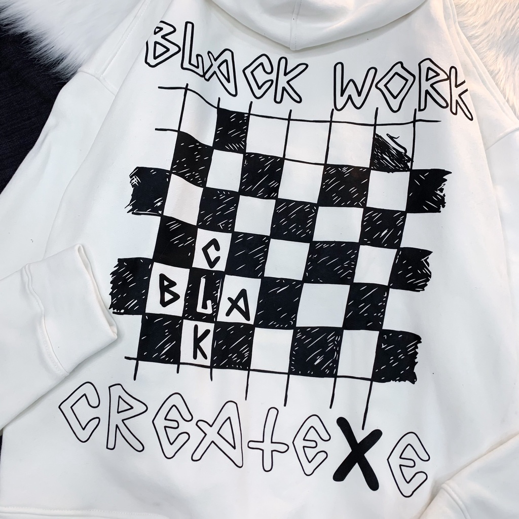 Áo Khoác Hoodie Nỉ Bông Form Rộng Unisex BLACK WORK màu ĐEN/TRẮNG  Nam nữ unisex