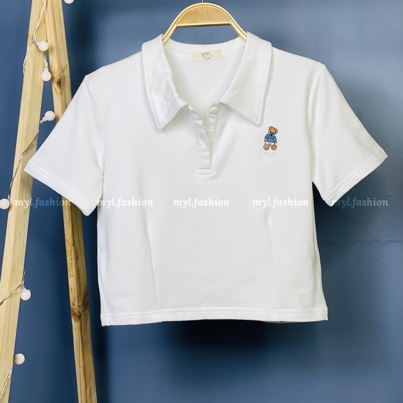Áo thun croptop myl.fashion, áo kiểu croptop có cổ cộc tay thêu hình gấu | BigBuy360 - bigbuy360.vn