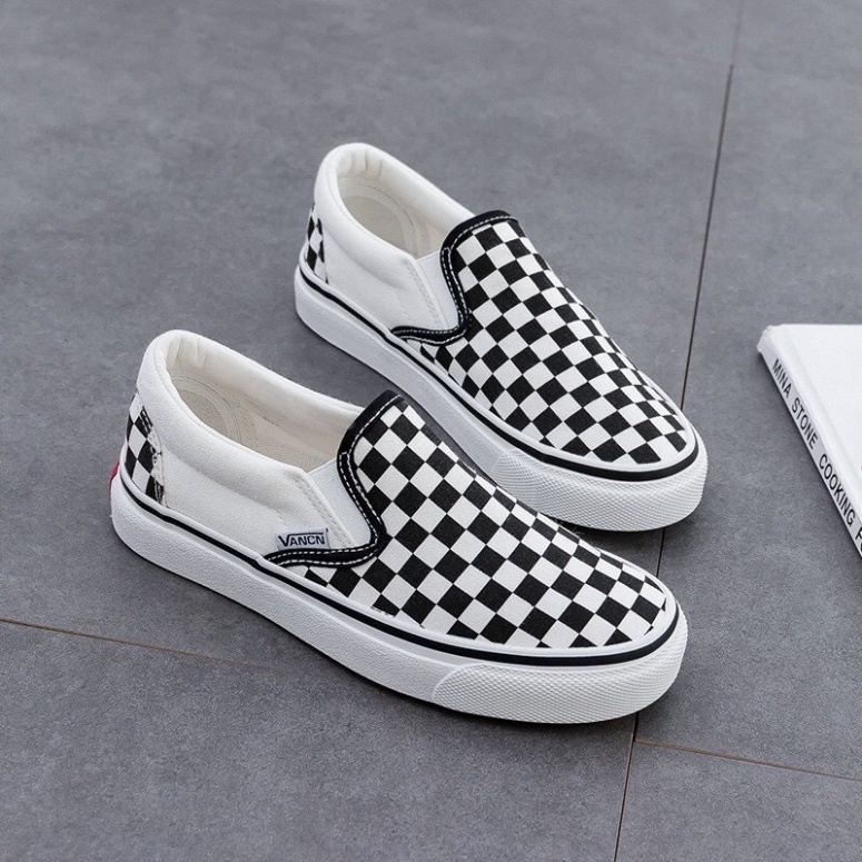 Giày lười nam nữ loại đẹp full box - Giày thể thao Slip On Vans Caro kẻ sọc đen trắng cá tính ulzzang, đế êm lót da D9 -