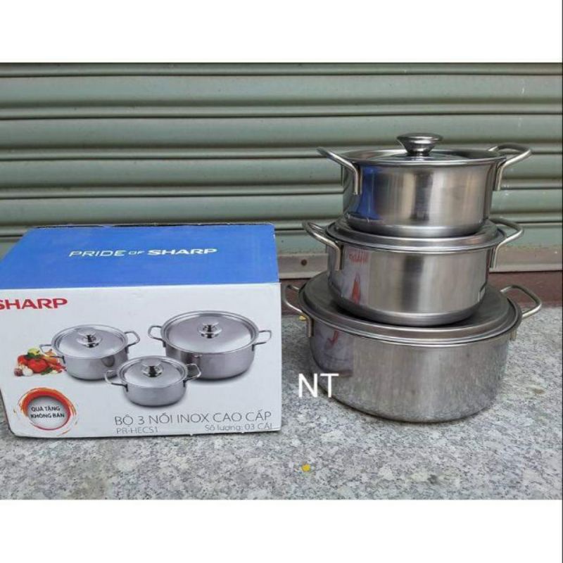 Bộ 3 nồi inox Sharp - Hàng khuyến mãi cao cấp của Sharp. Dùng được mọi loại bếp, kể cả bếp từ