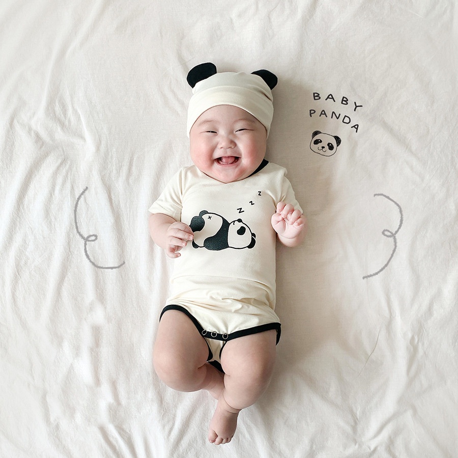 Set romper kèm mũ đội in hình gấu trúc dễ thương cho bé