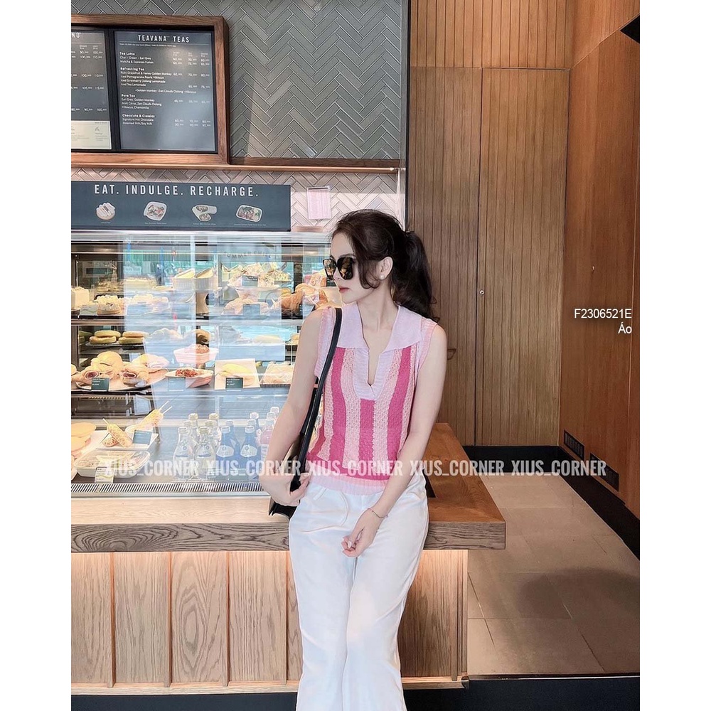 Áo len kiểu sọc cổ tim bẻ sát nách hàng QC!