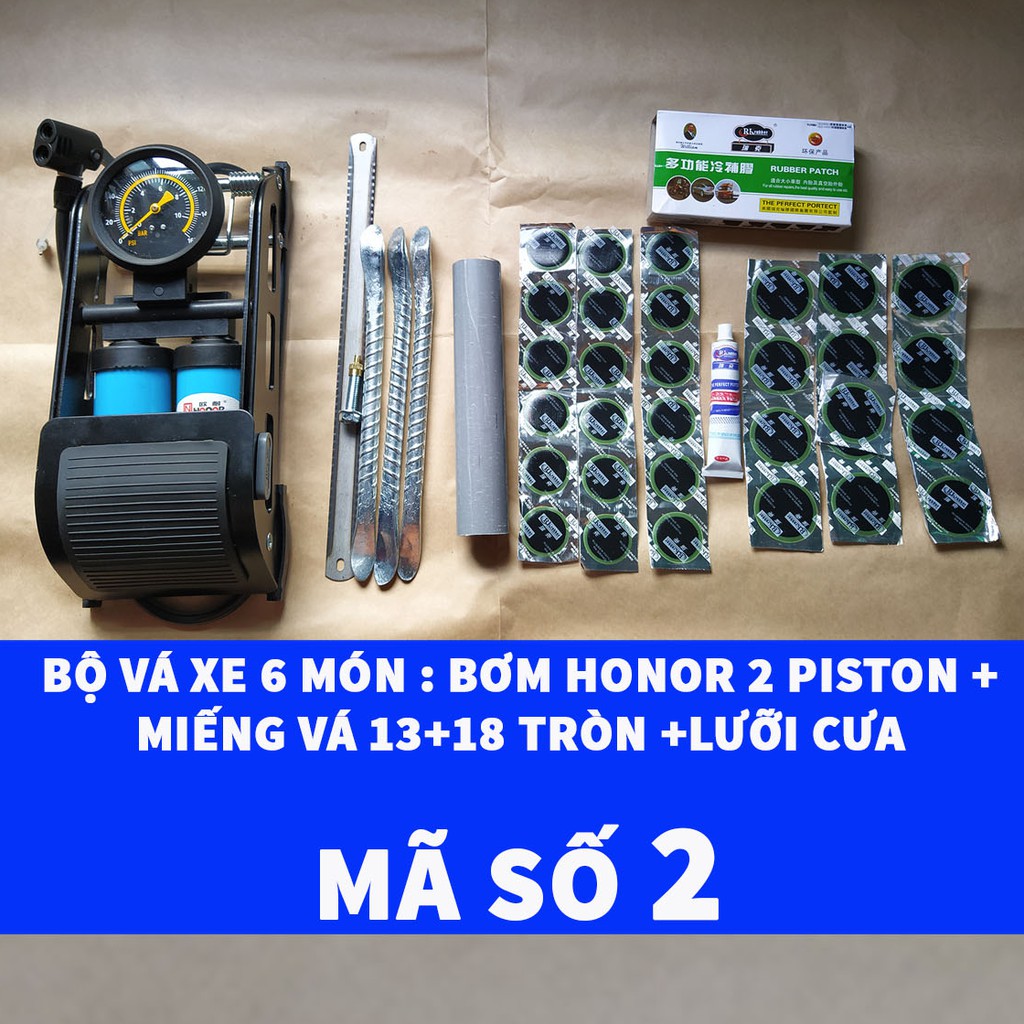 [Bơm Chân Honor 2 Piston] Bộ Vá 6 Món Ruột Xe Máy Và Xe Đạp Có Bơm Chân Honor 2 Piston + Lưỡi Cưa