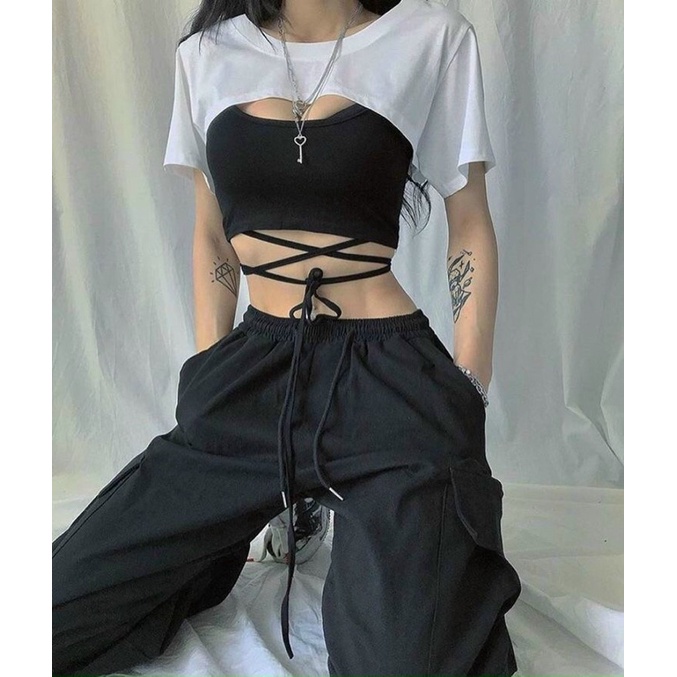 Set áo croptop phối áo hai dây cột eo cá tính