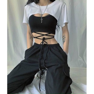 set áo croptop phối áo hai dây cột eo cá tính ( đi biển , đi tập gym tôn dáng )