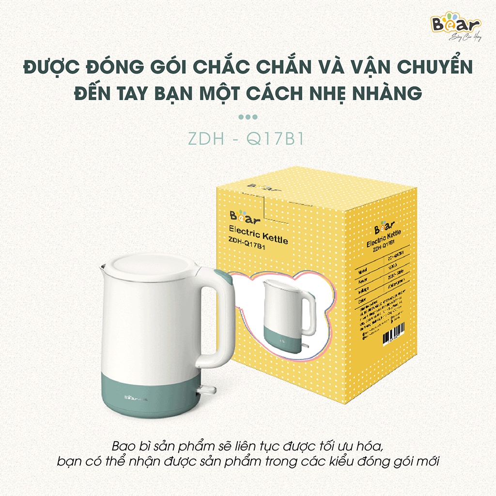 Ấm Siêu Tốc - Ấm Đun Nước Siêu Tốc Bear ZDH-Q17B1 Dụng Tích 1.7L, 3 lớp, nấu nước nhanh, sử dụng inox 304 cao cấp