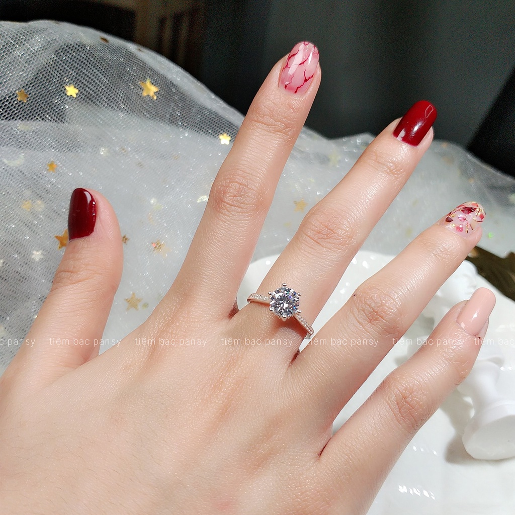 Nhẫn bạc nữ PANSY 6 chấu viền đá, nhẫn nữ bạc thật đính đá cao sang trọng