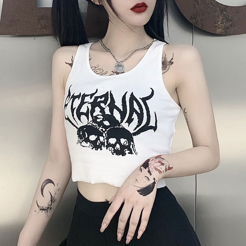 Áo croptop sát nách in chữ và đầu lâu phong cách harajuku punk 90s cá tính cho nữ