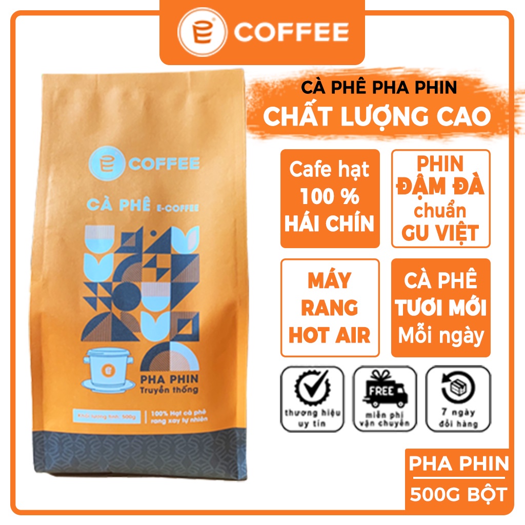 Cà phê cafe pha phin E COFFEE 500G, sản phẩm cafe nguyên chất pha phin truyền thống từ cafe Robusta và Arabica rang mộc