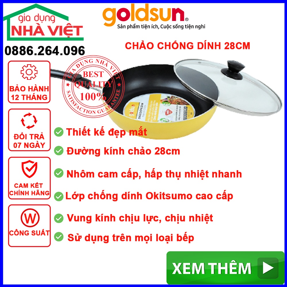 Chảo chống dính Goldsun, chảo chống dính bếp từ dành cho mọi loại bếp, bảo hành 12 táng, đướng kính 28cm mã 10202492