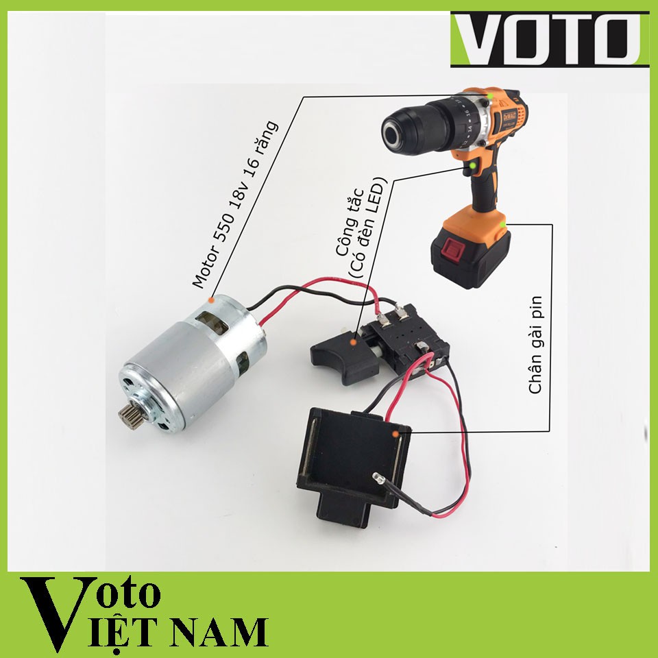 Motor 775 18v 16 răng kèm công tắc điều tốc và chân gài pin cho máy khoan 13mm chân Makita 18v