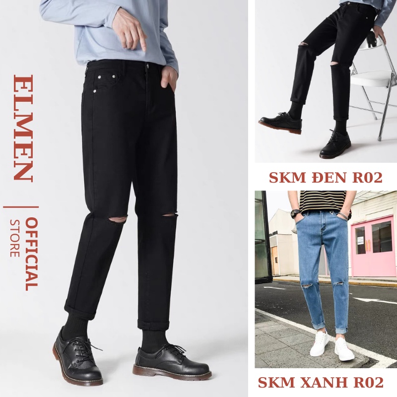 Quần jean nam rách gối màu đen chất bò cao cấp co dãn 4 chiều cực đẹp rin trơn from dáng skinny đẹp ELMEN Hottrend 2022