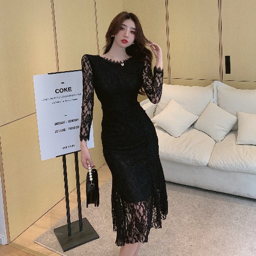Đầm đuôi cá tay dài phối ren thời trang quyến rũ cho nữ