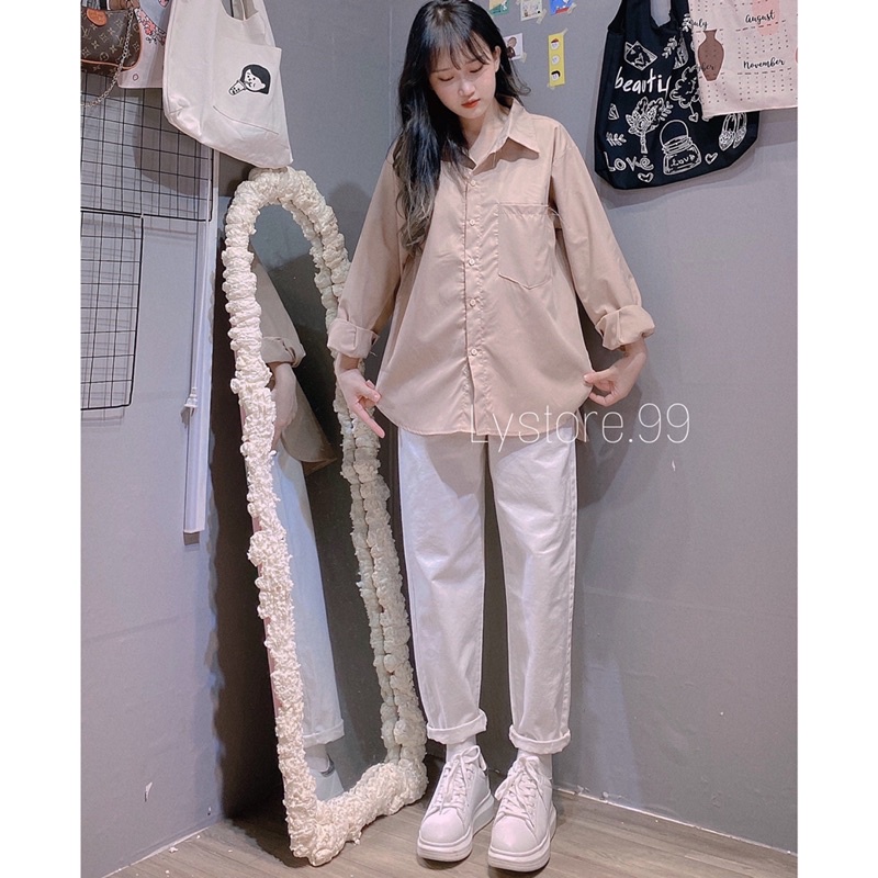 [Mã FAMARAL1 giảm 10K đơn 50K] (Hình shop tự chụp) Áo sơmi nâu vạt bầu + quần baggy trắng | BigBuy360 - bigbuy360.vn