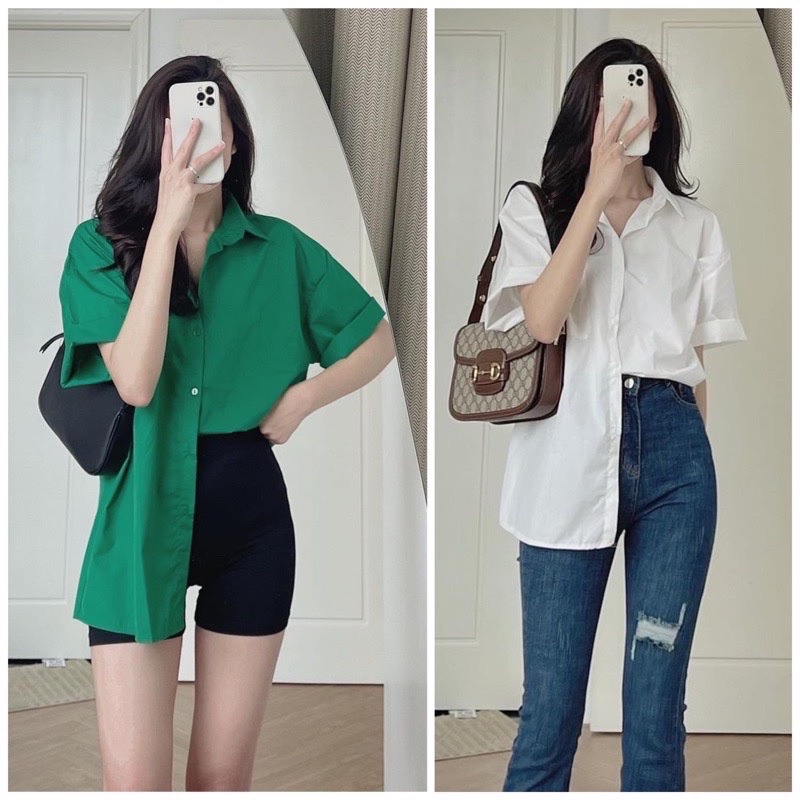 Áo Sơ Mi Tay Ngắn Chất Đũi Pha 3 Màu Form Rộng Phong Cách Hàn Quốc Chan House.
