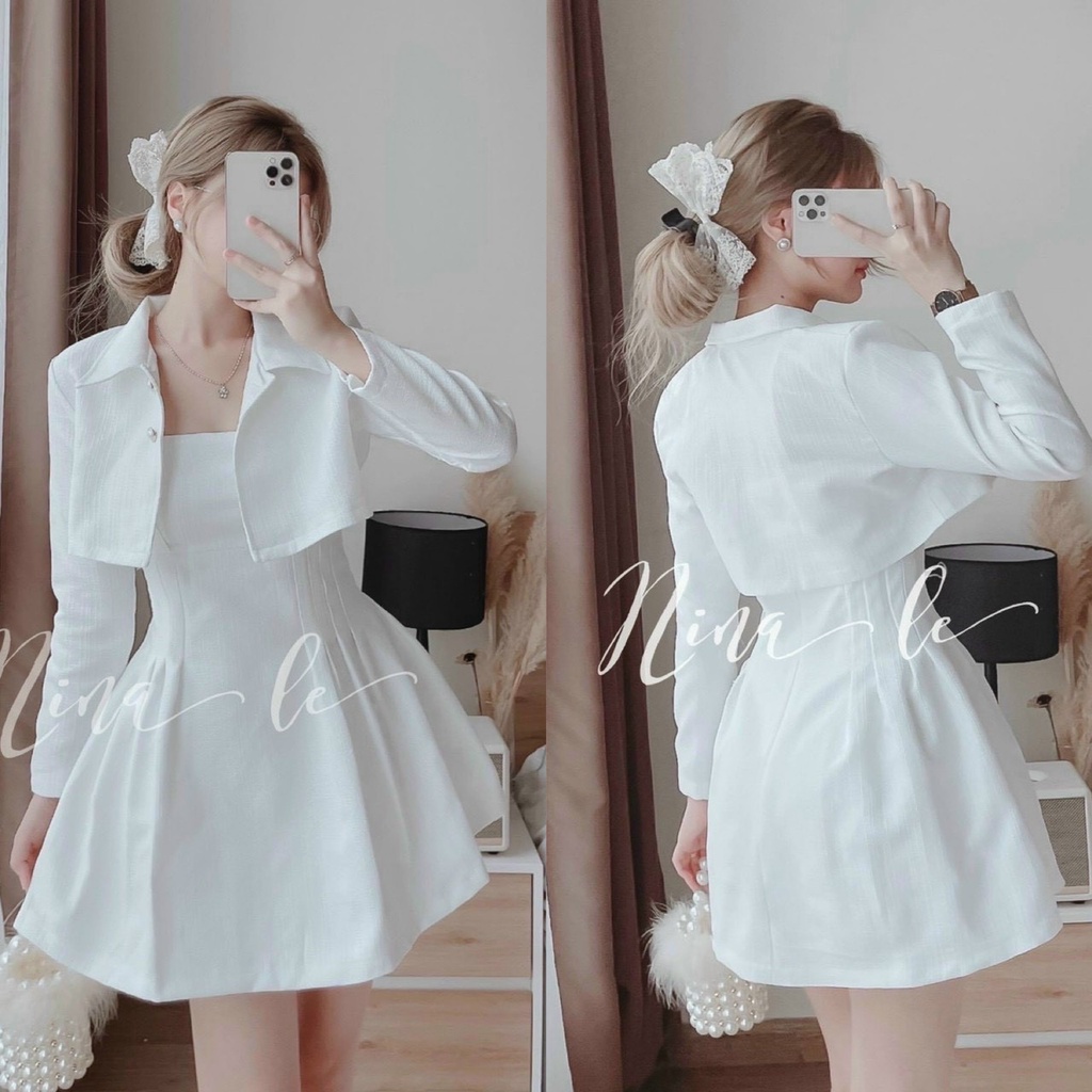 Đầm xòe 2 dây có mút ngực phối áo khoác chất liệu tapta mẫu thiết kế năng động trẻ chung phù hợp mọi phong cách