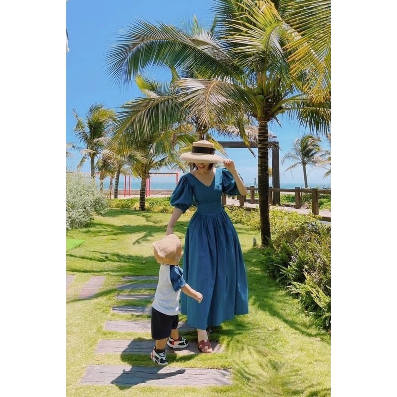 VNU234 - VÁY XANH VINTAGE CỔ V TAY BỒNG | BigBuy360 - bigbuy360.vn