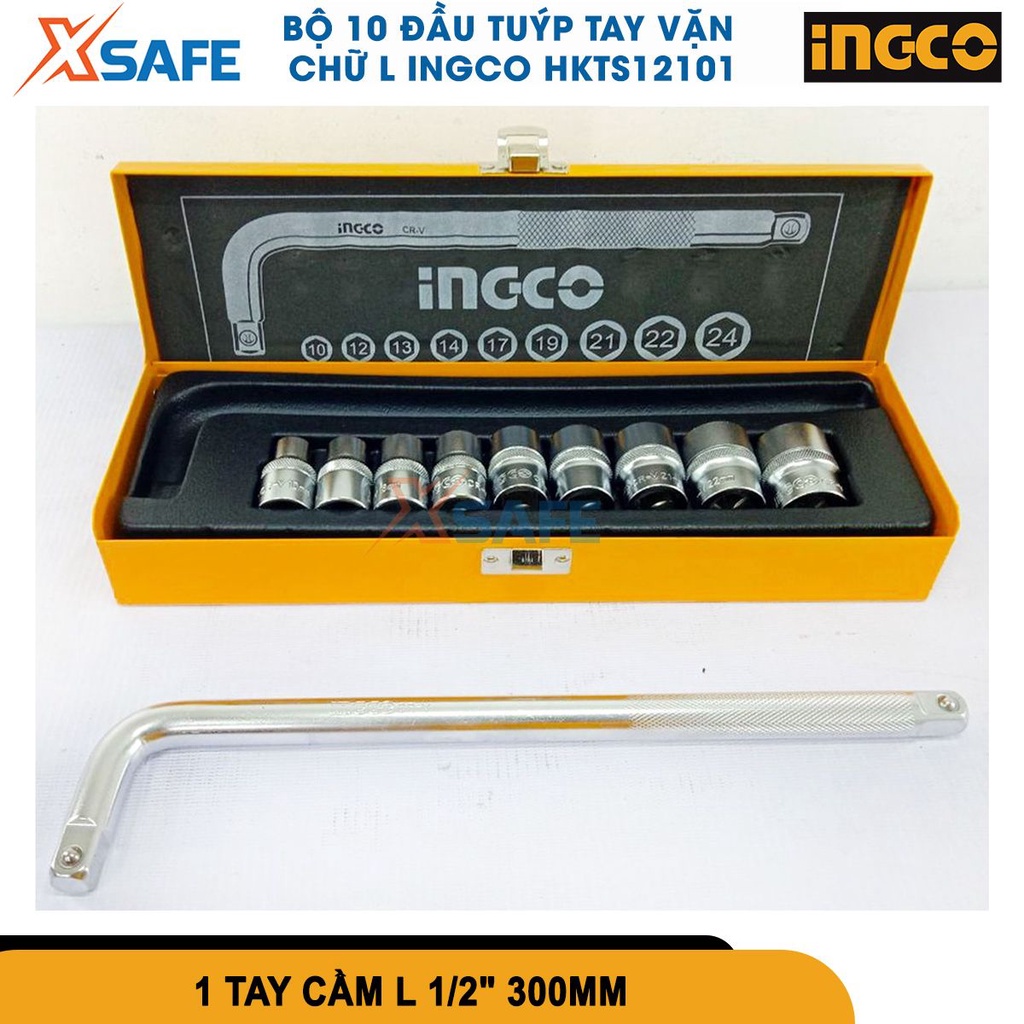 Bộ 10 đầu tuýp tay vặn chữ L 1/2 inch INGCO HKTS12101 thép CR-V siêu cứng, chịu nhiệt, chống rỉ sét [CHÍNH HÃNG][XSAFE]
