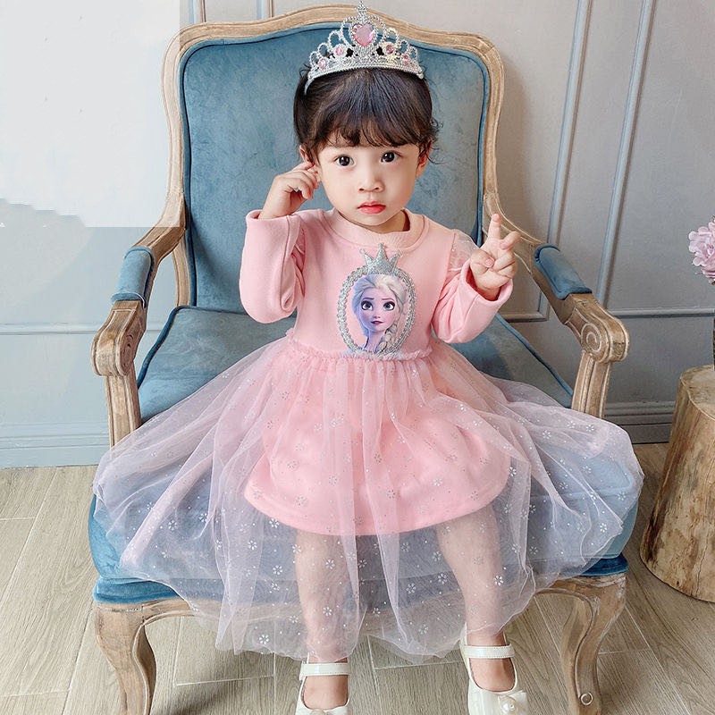 Đầm Công Chúa Elsa Tay Dài Vải Cotton Phối Lưới Thời Trang Xuân Thu Cho Bé Gái