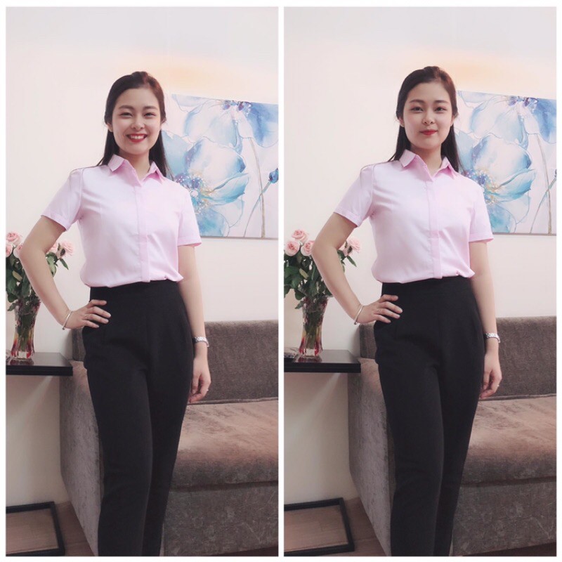 Sơ mi hồng phấn tay ngắn dáng basic mặc đồng phục, đi làm, đi học, đi chơi