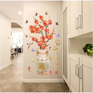 Decal Dán Tường Bình Hoa Sen - Bình Hoa Đào - Bình Hoa Mẫu Đơn