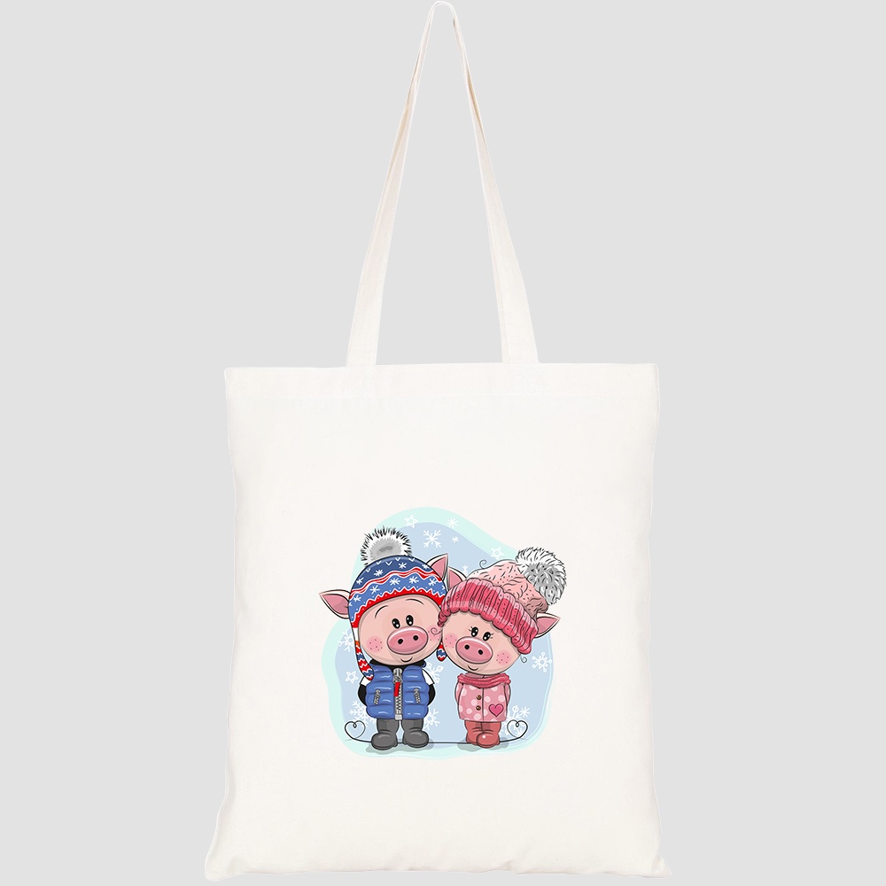 Túi vải tote canvas GINKO in hình cute winter illustration two pigs HT353 5324