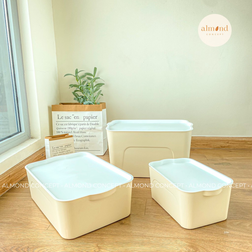 Hộp Nhựa Cứng Đựng Đồ Cao Cấp Có Nắp, Thùng Đựng Quần Áo, Đồ Chơi, Dụng Cụ Đa Năng - Màu Trắng/Xám/Be - almondconcept