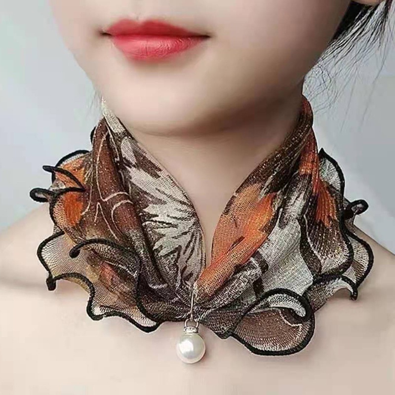 Khăn bandana trùm đầu bảo vệ chống nắng vải voan phối ren đa năng thời trang đính hạt ngọc trai nhân tạo dành cho bạn nữ