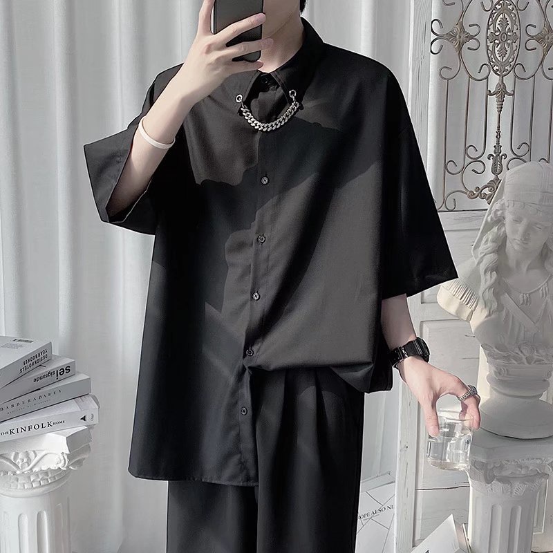 Áo Sơ Mi Ngắn Tay Dáng Rộng Chống Nhăn Phối Dây Xích Thời Trang Mùa Hè Hàn Quốc Hàng Mới Chính Hãng Dành Cho Nam