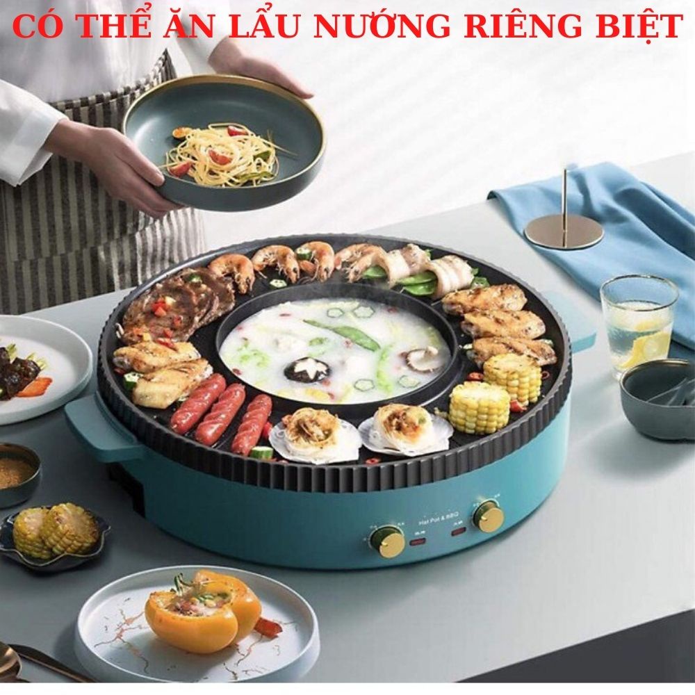 Bếp Lẩu Nướng 2 In 1 Mini Đa Năng  HONGSHUANGXI Mẹ Gạo,nồi lẩu nướng đa năng lẩu nướng kết hợp có núm điều chỉnh