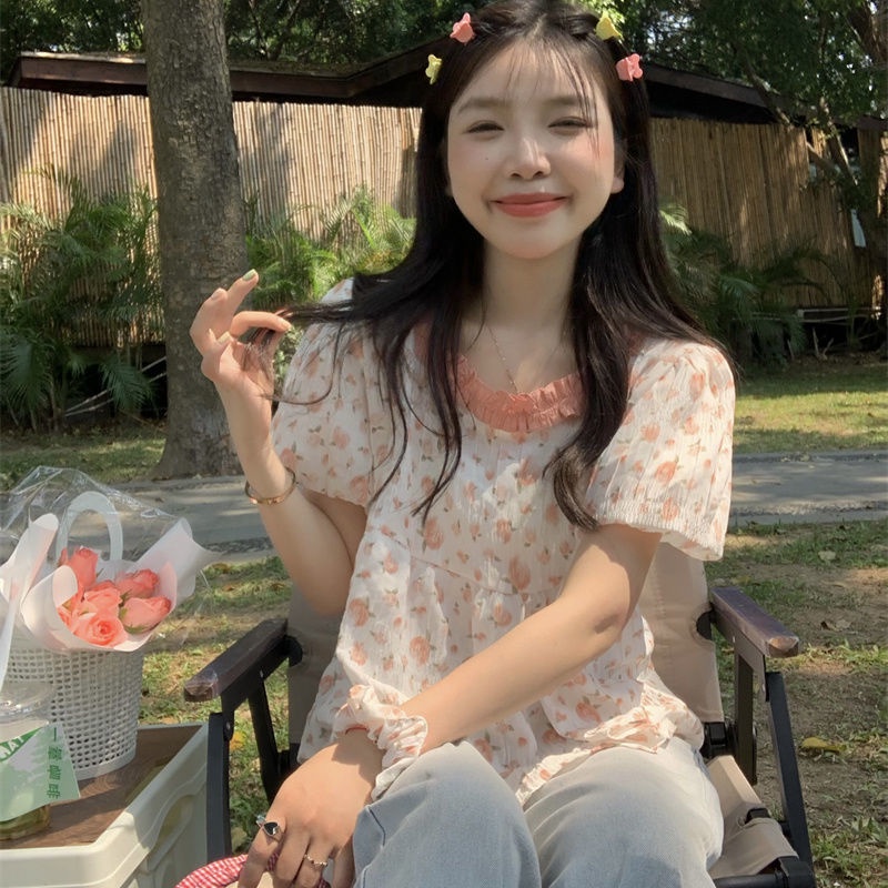 Áo Sơ Mi babydoll Tay Ngắn In Hoa Kiểu Hàn Quốc