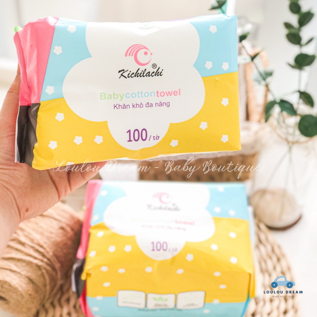 Khăn khô cotton đa năng Kichilachi cao cấp siêu mềm mại set 100 tờ 150g