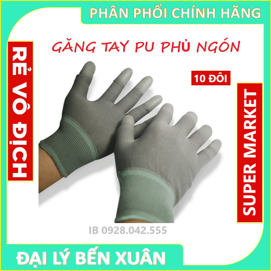 Combo 10 đôi găng tay phủ pu đầu ngón trắng, xám dùng trong phòng sạch bảo hộ lao động