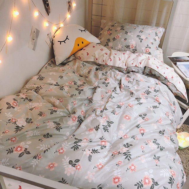 Set Chăn Ga Cotton Poly Hoa Nhí Xám Hàng Chuẩn Xuất Nhập Shinbedding.shop