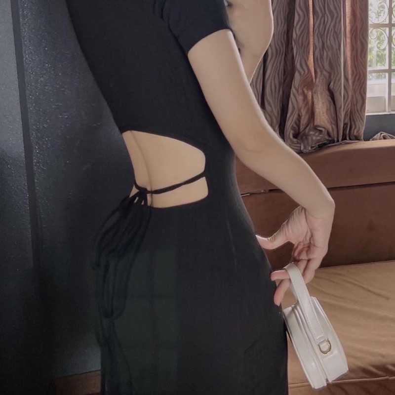 Đầm cổ tàu chất thun gân xương cá khoét lưng cá tính