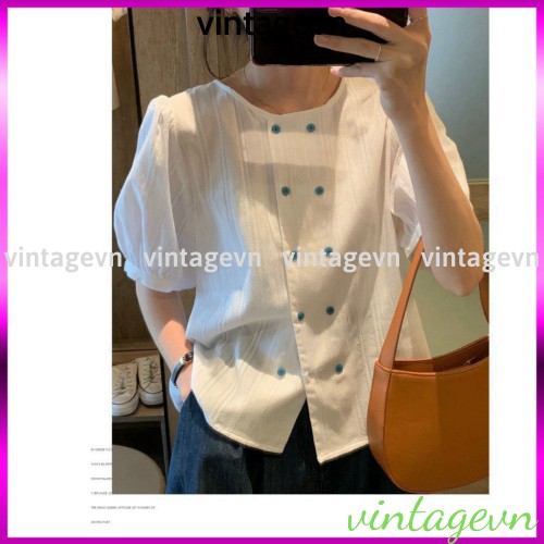 {vintagevn} áo sơ mi nữ ngắn tay cổ tròn 2 đường cúc kèm video+ảnh thật freeship A008