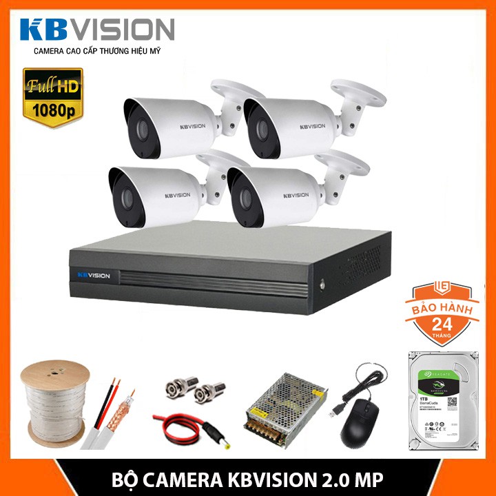 Trọn Bộ Camera giám sát KBVISION 2.0MP - Bộ 4 Camera FHD 1080P, Kèm HDD (0GB/500GB/1TB/2TB), Đủ phụ kiện lắp đặt