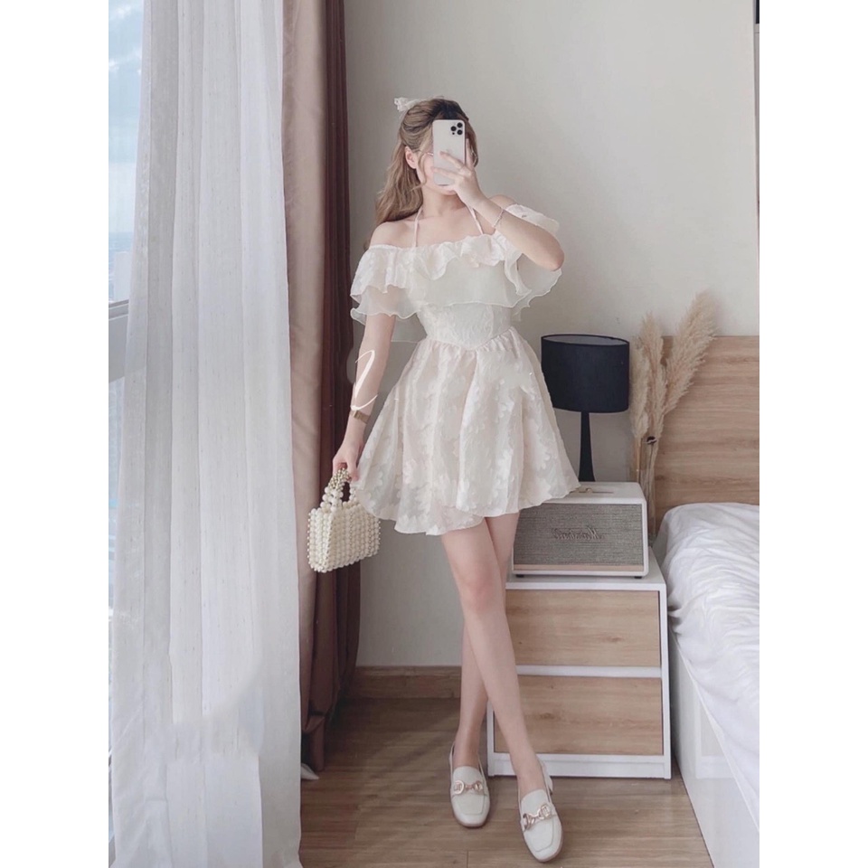 Váy trễ vai tơ hoa nổi cổ yếm xinh xắn đầm tiểu thư dáng xòe LD135