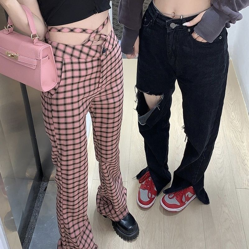 Quần Dài Ống Loe Lưng Cao Họa Tiết Sọc Caro Màu Hồng Thời Trang Mùa Hè Cho Nữ